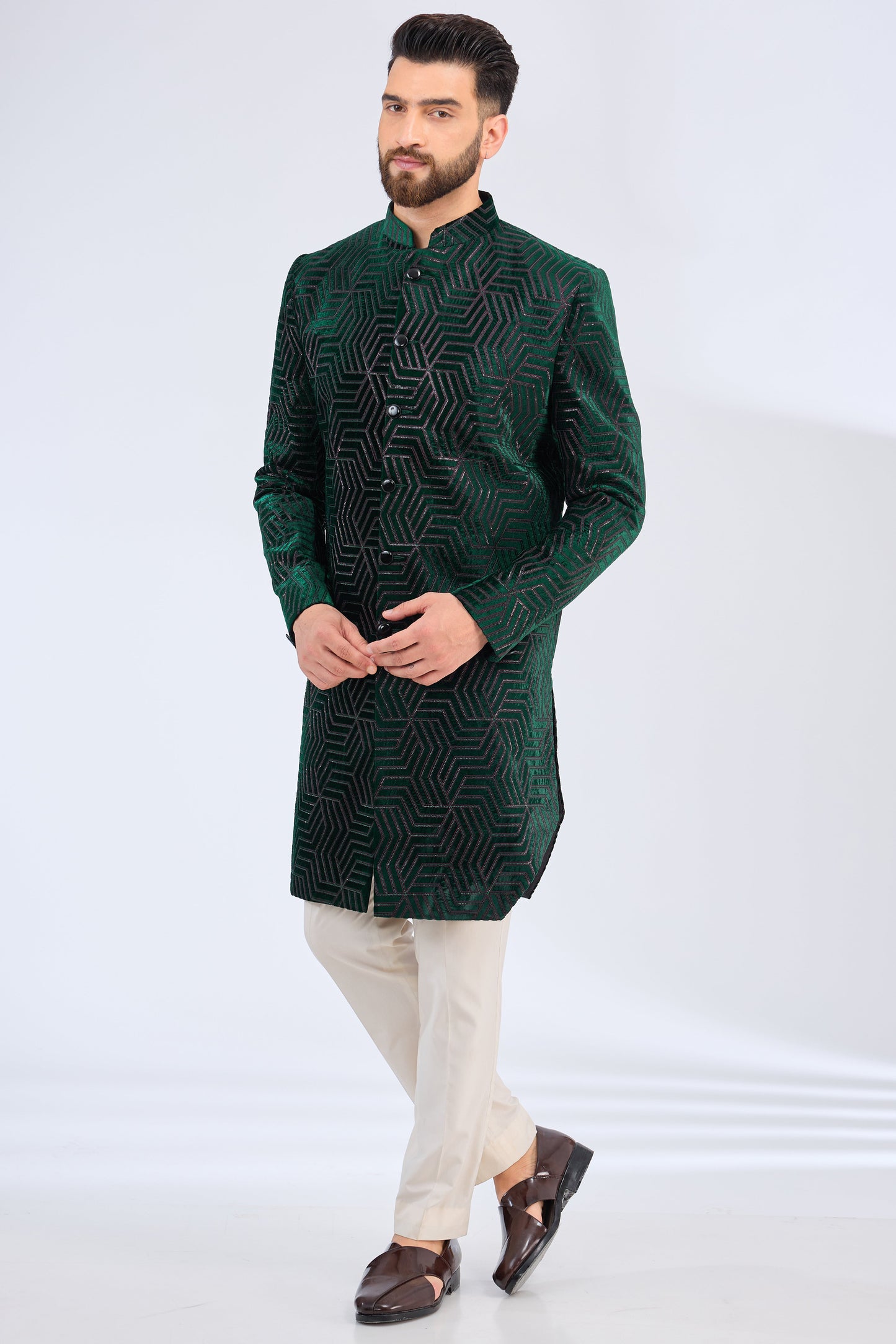 bottle green royal cut short indowestern - kasbahmen