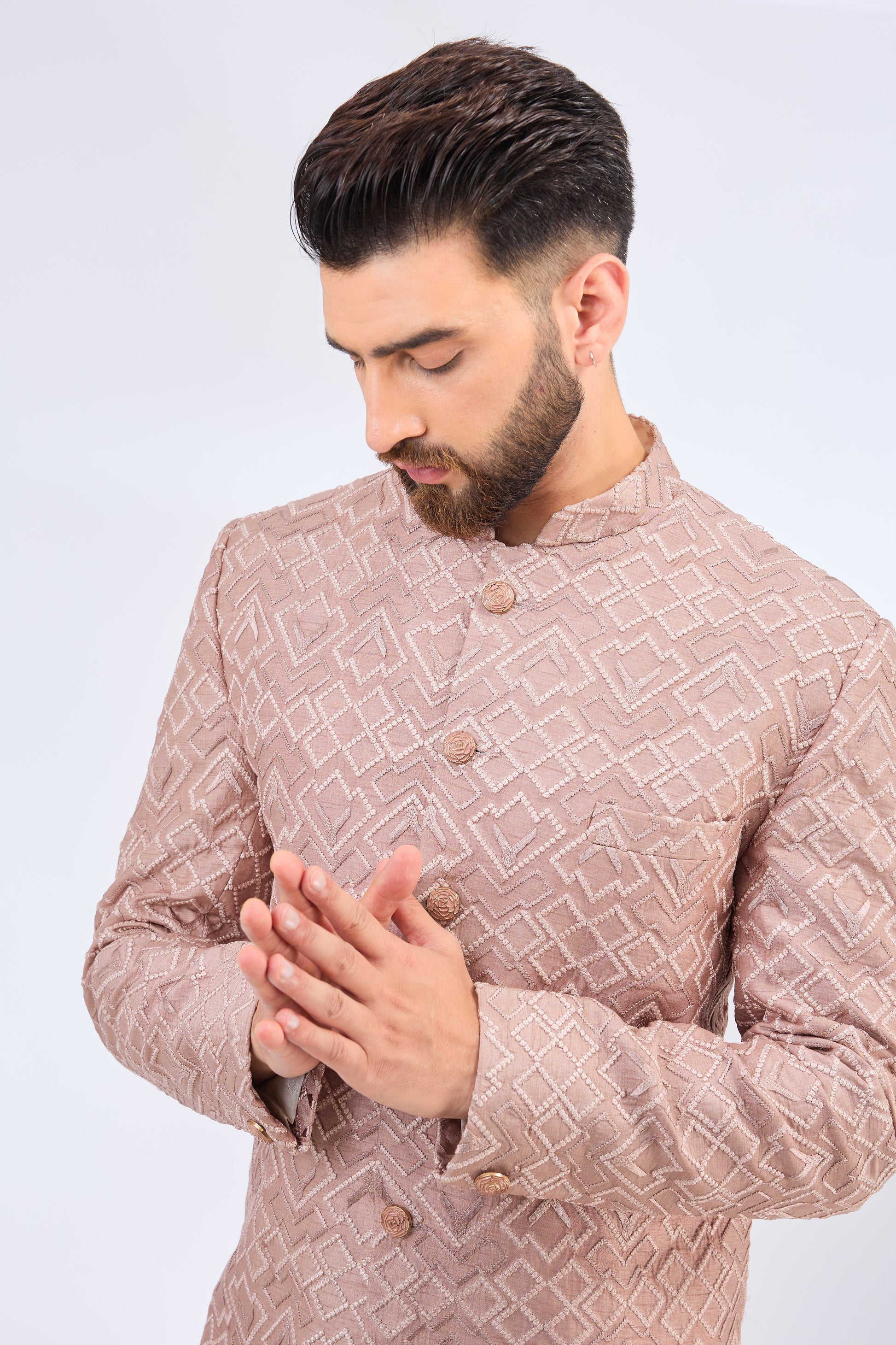 dust pink geometrically embrodried thread work sherwani with metal buttons - kasbahmen