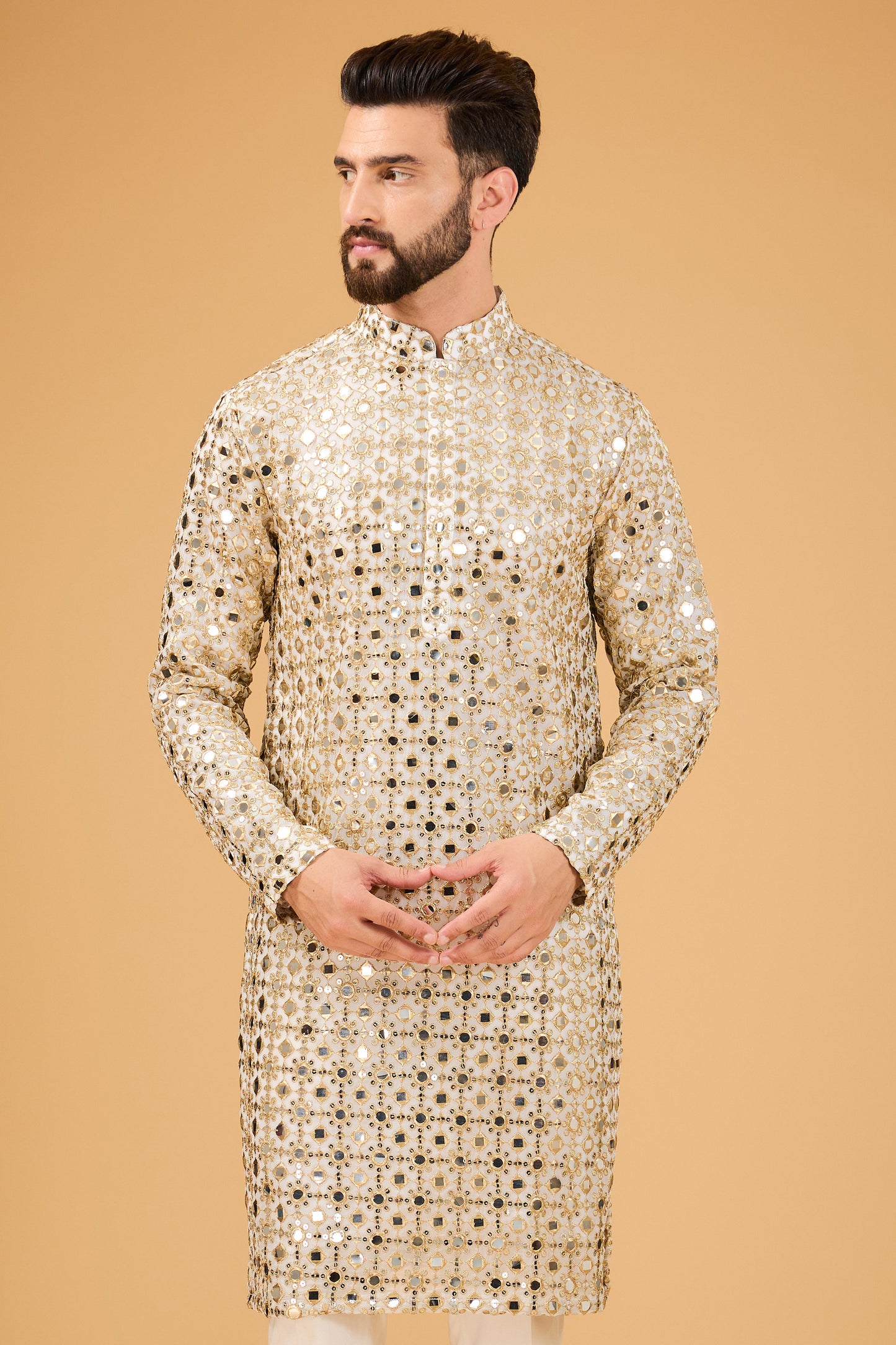 classic ivory mirror work kurta with detailed zari work - kasbahmen