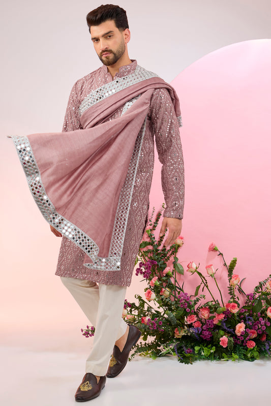 signature purple mirror work kurta with stole