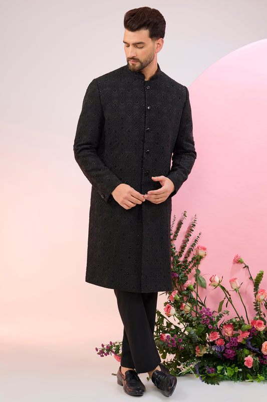 black geometrically embroidered sherwani with delicate cut dana work