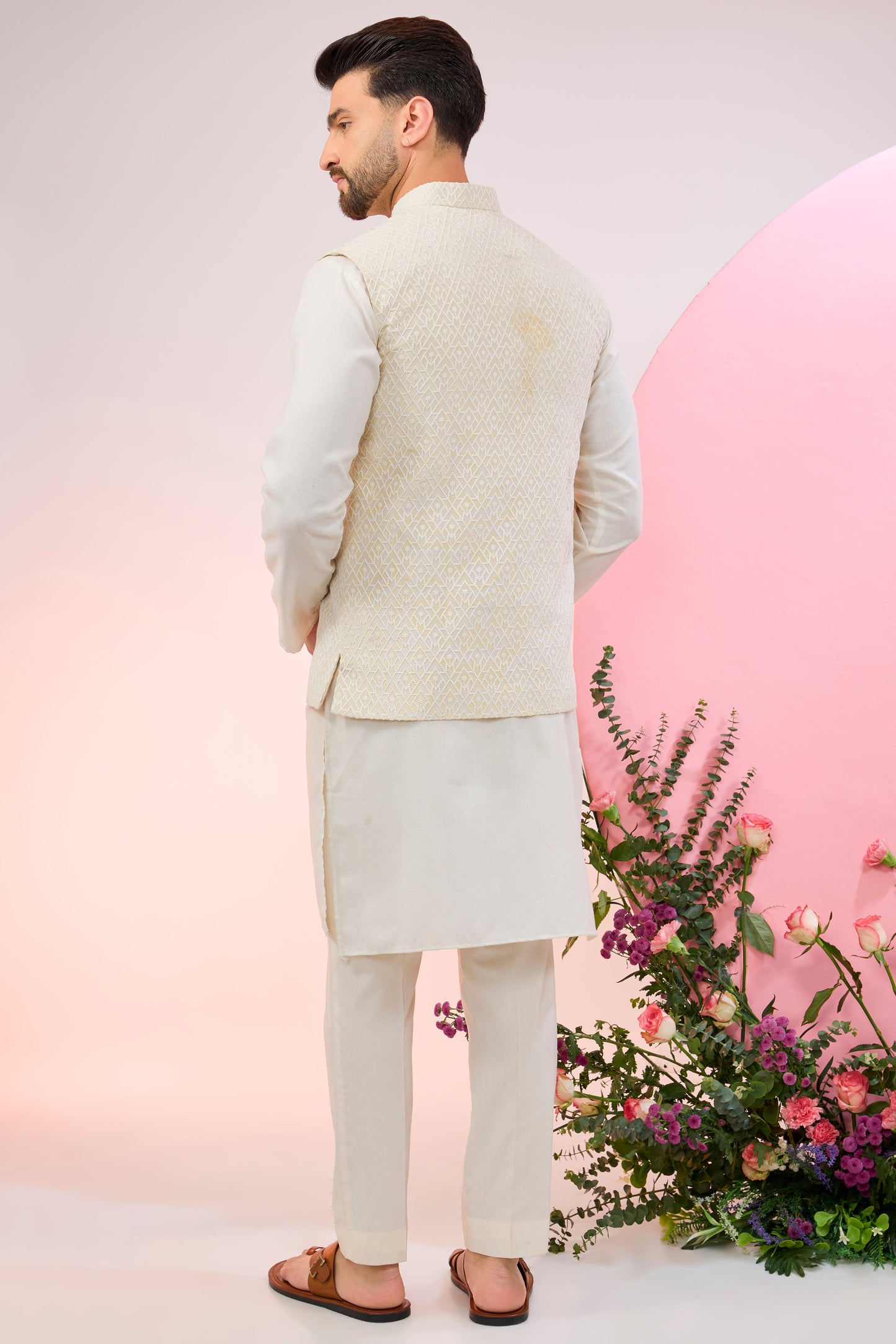 cream geometrically embroidered short nehru jacket