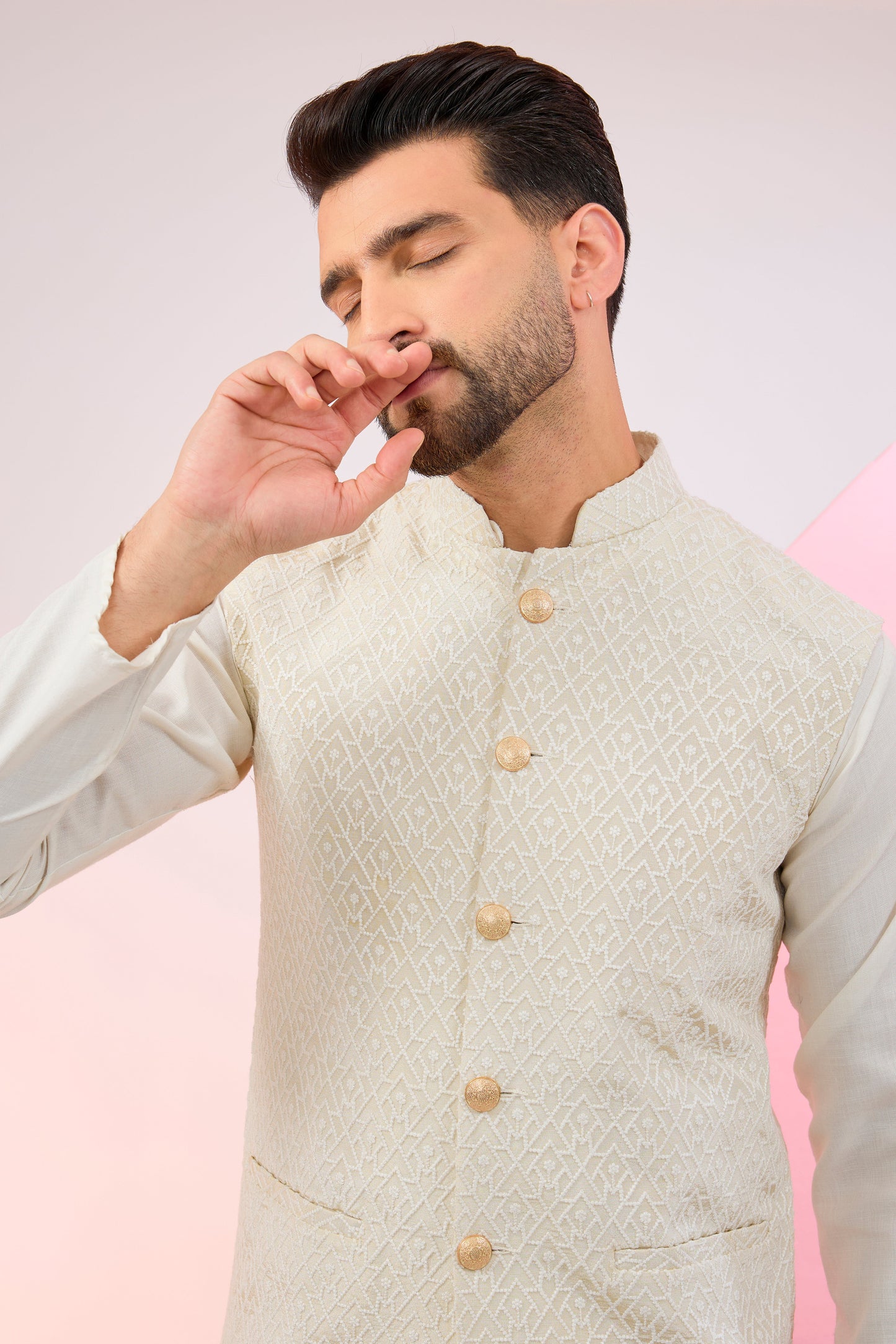 cream geometrically embroidered short nehru jacket