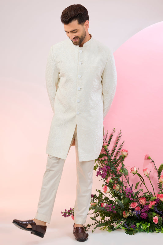 white geomtrically embroidered royal cut indowestern with heavy thread work
