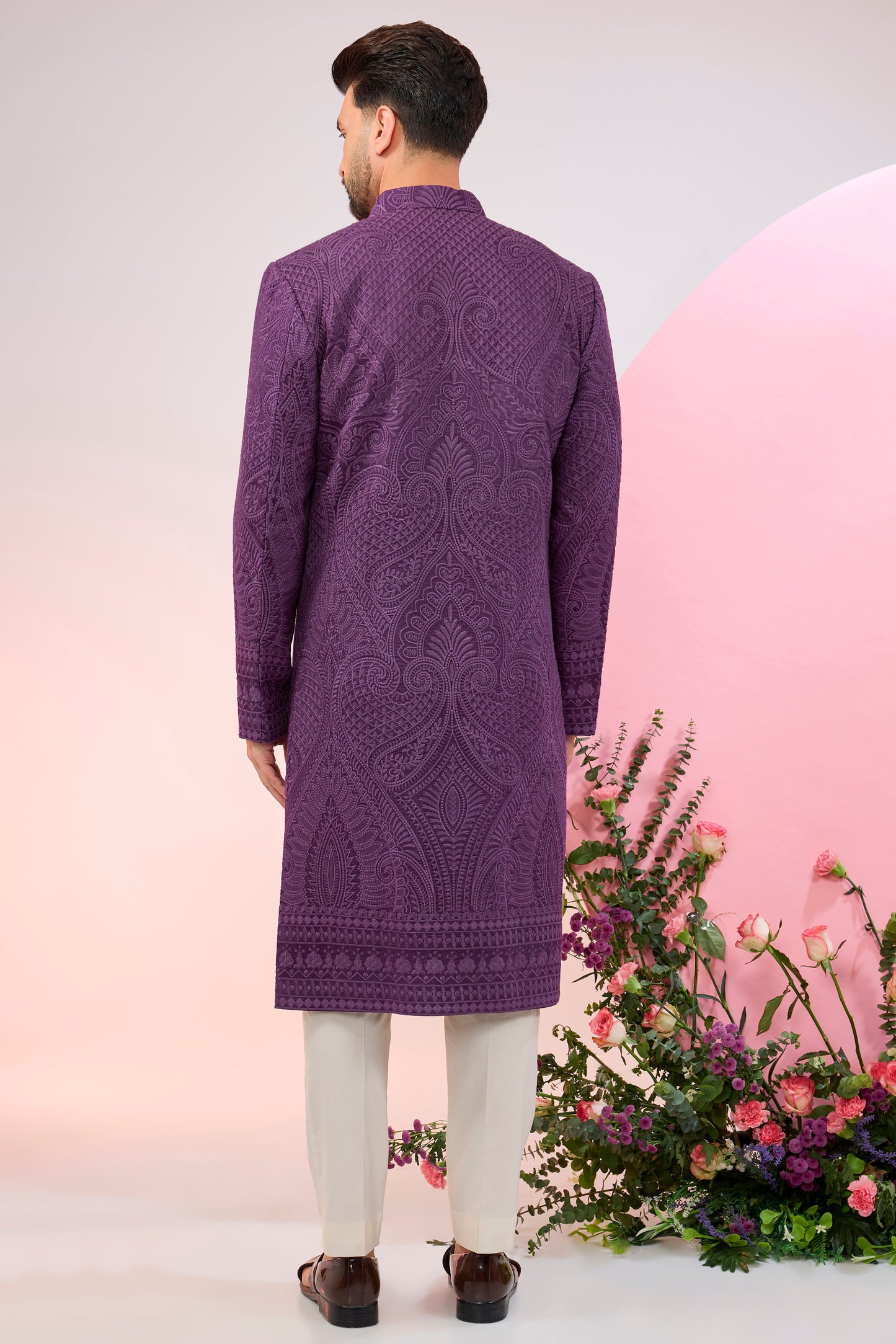 purple kashmiri embroideried sherwani with intricate thread work