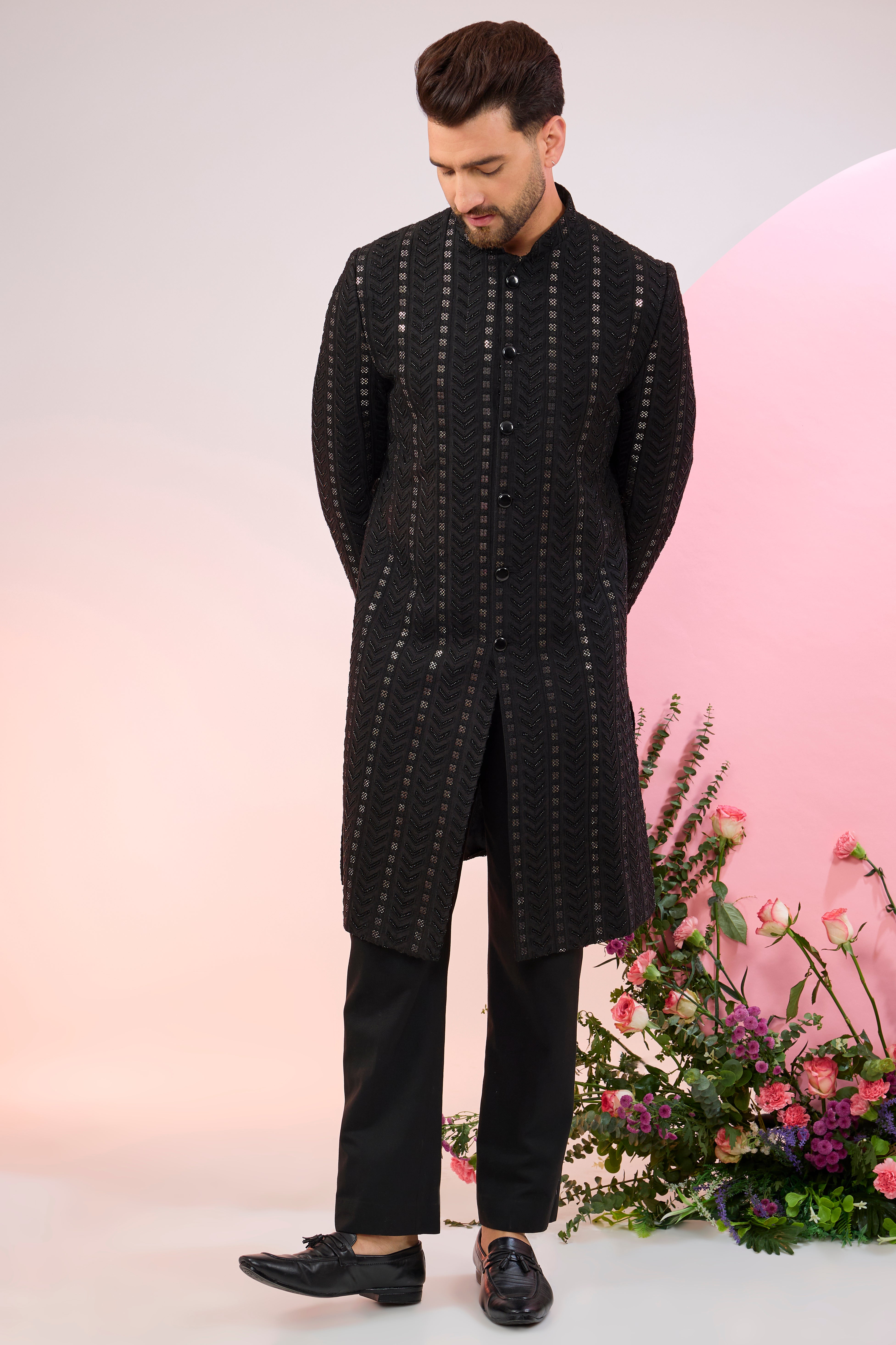 black geometrically embroidered sherwani with delicate cut dana and sequin work