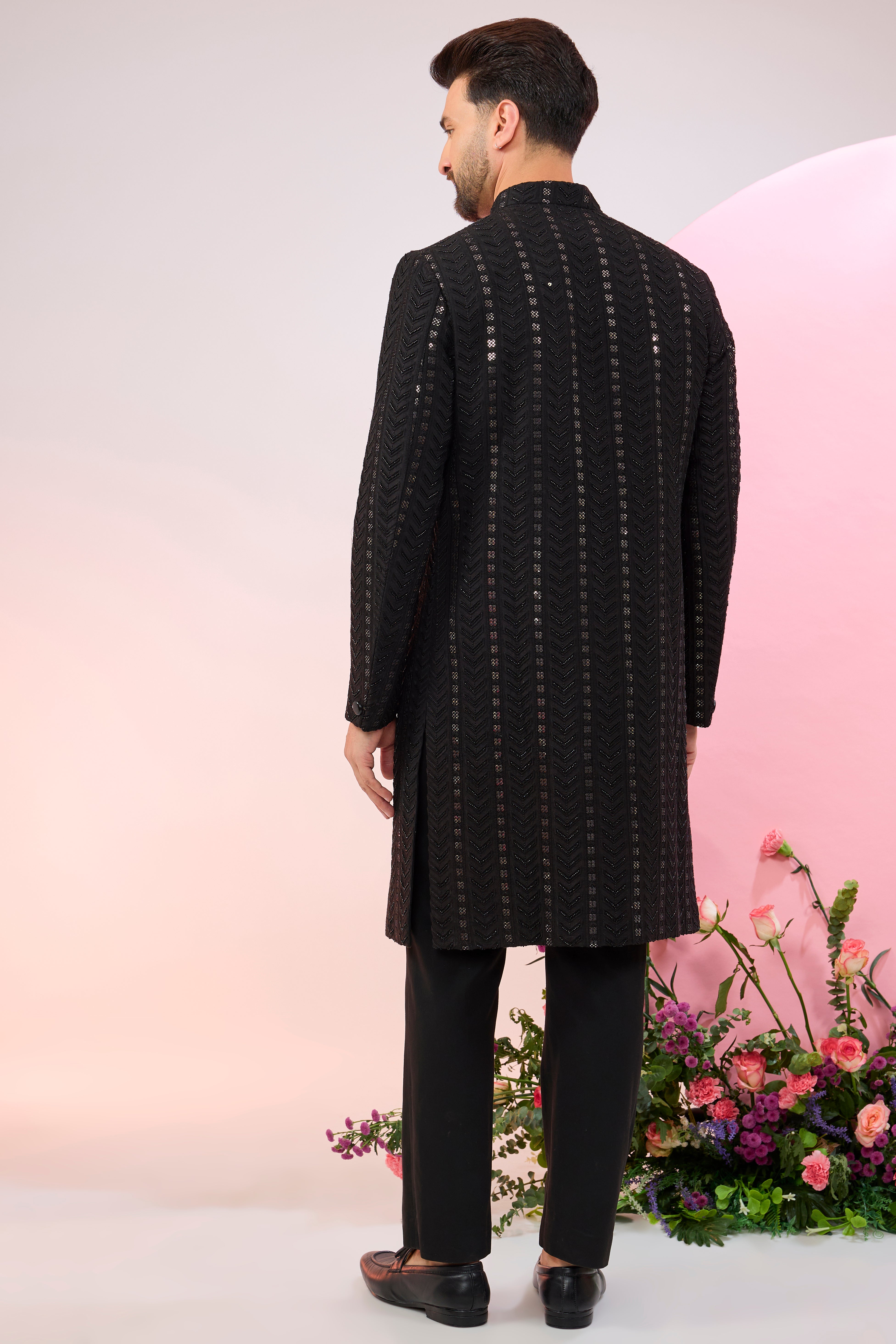 black geometrically embroidered sherwani with delicate cut dana and sequin work