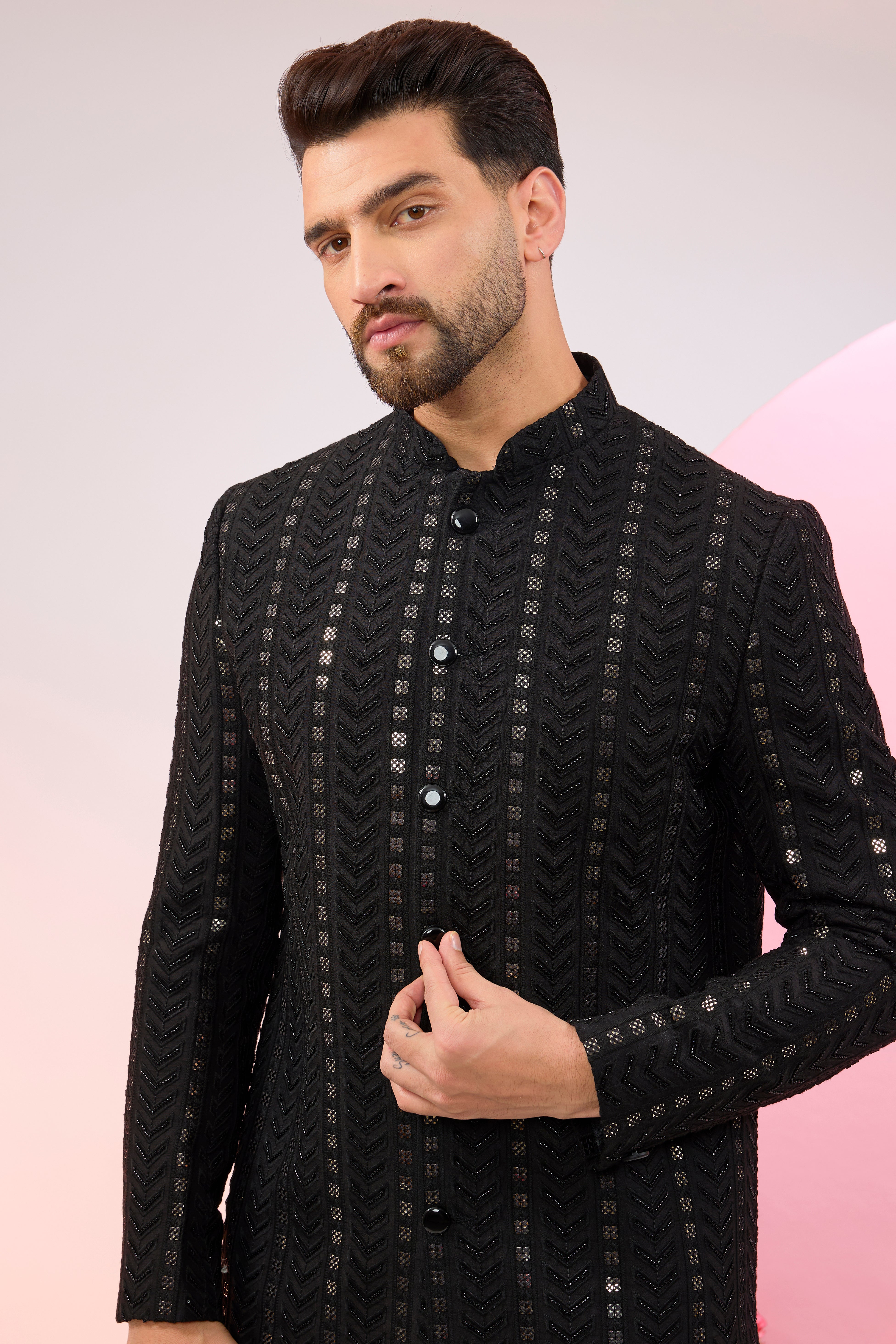 black geometrically embroidered sherwani with delicate cut dana and sequin work