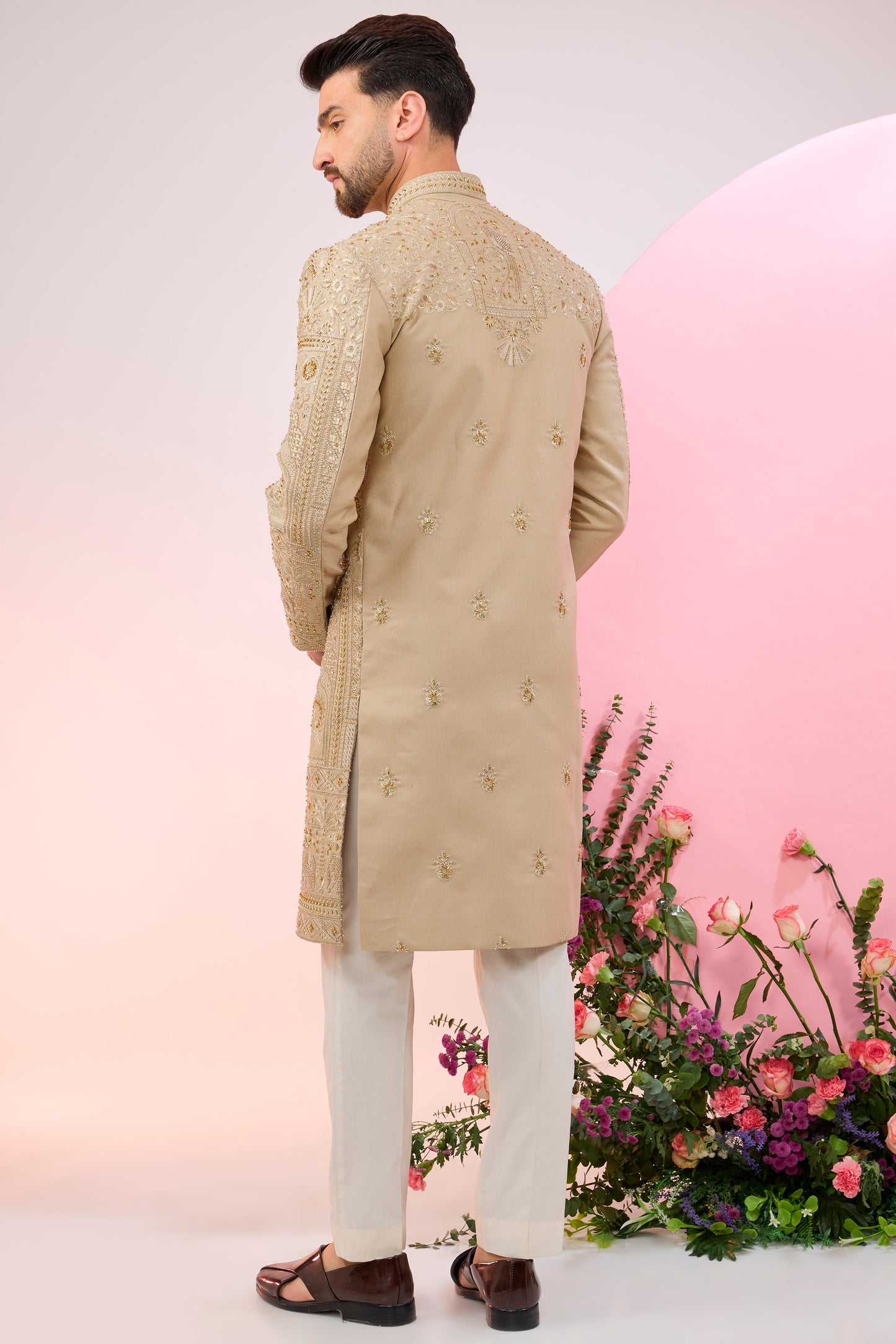 beige hand embroidered sherwani with intricate thread and cut dana embroidery