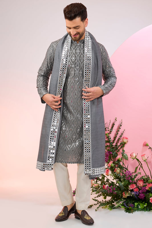 signature slate grey mirror work kurta with mirror work stole