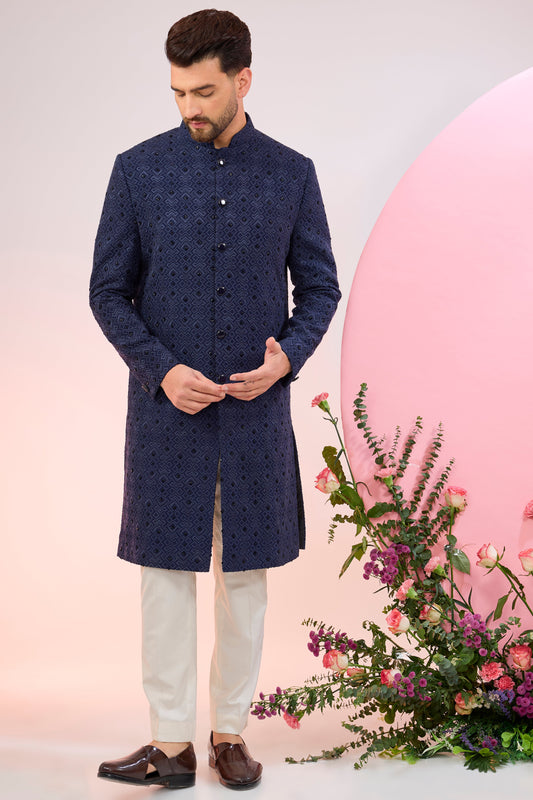 navy blue geometrically embroidered sherwani with delicate cut dana work