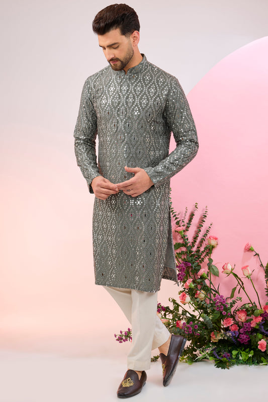 signature slate grey mirror work kurta