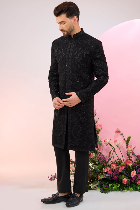 black hand embroidered cut dana sherwani with flora and fauna motifs