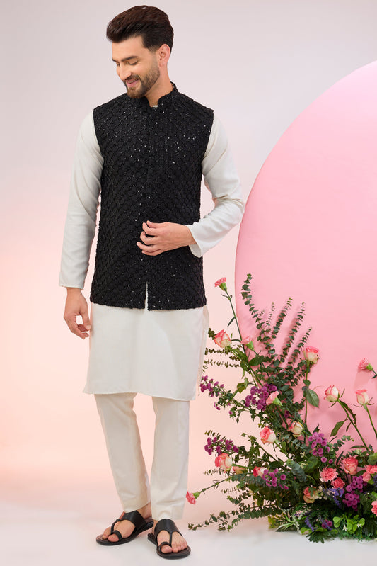 black nehru jacket with heavy cut dana embroidery