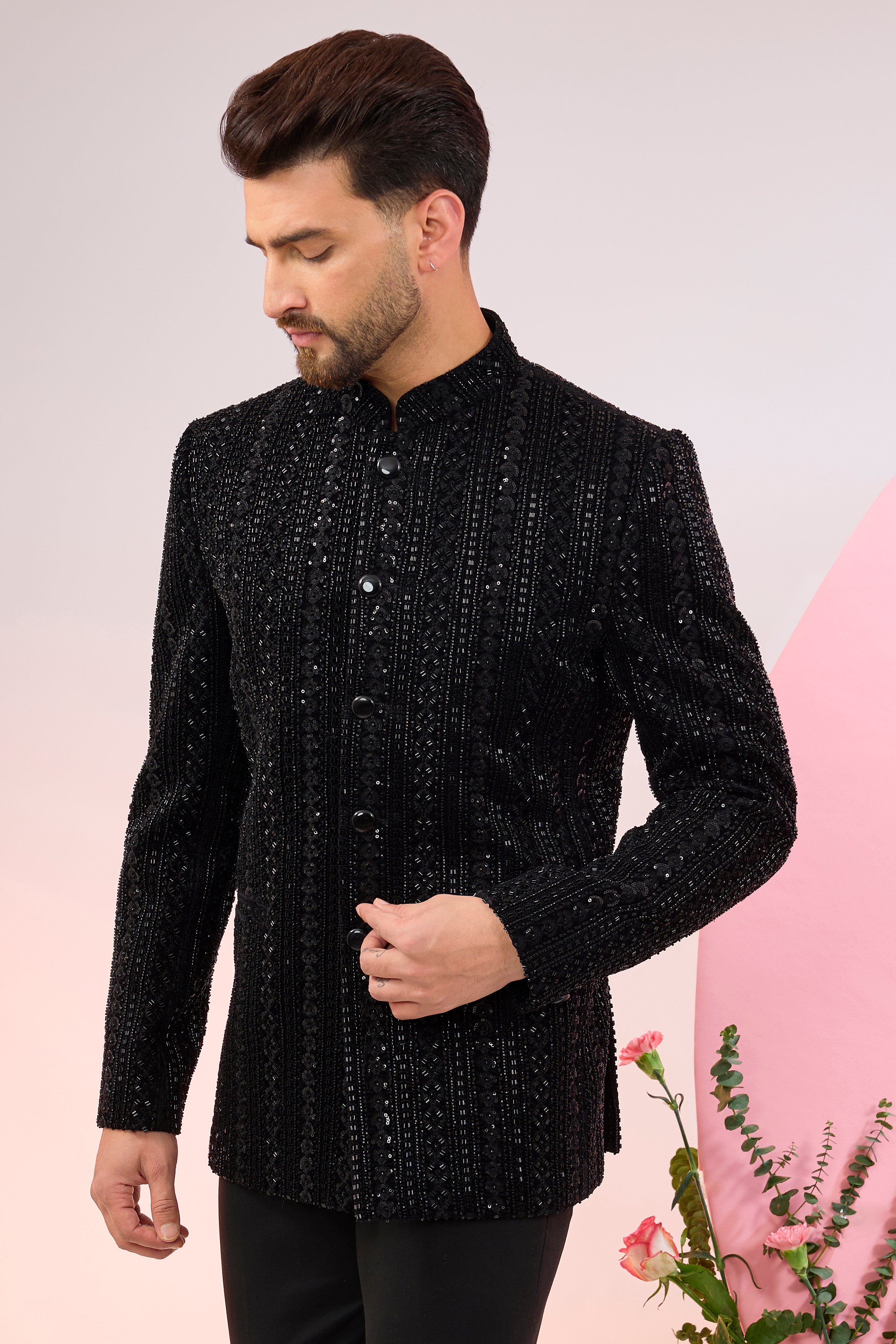 black bandhgala with heavy cut dana embroidery