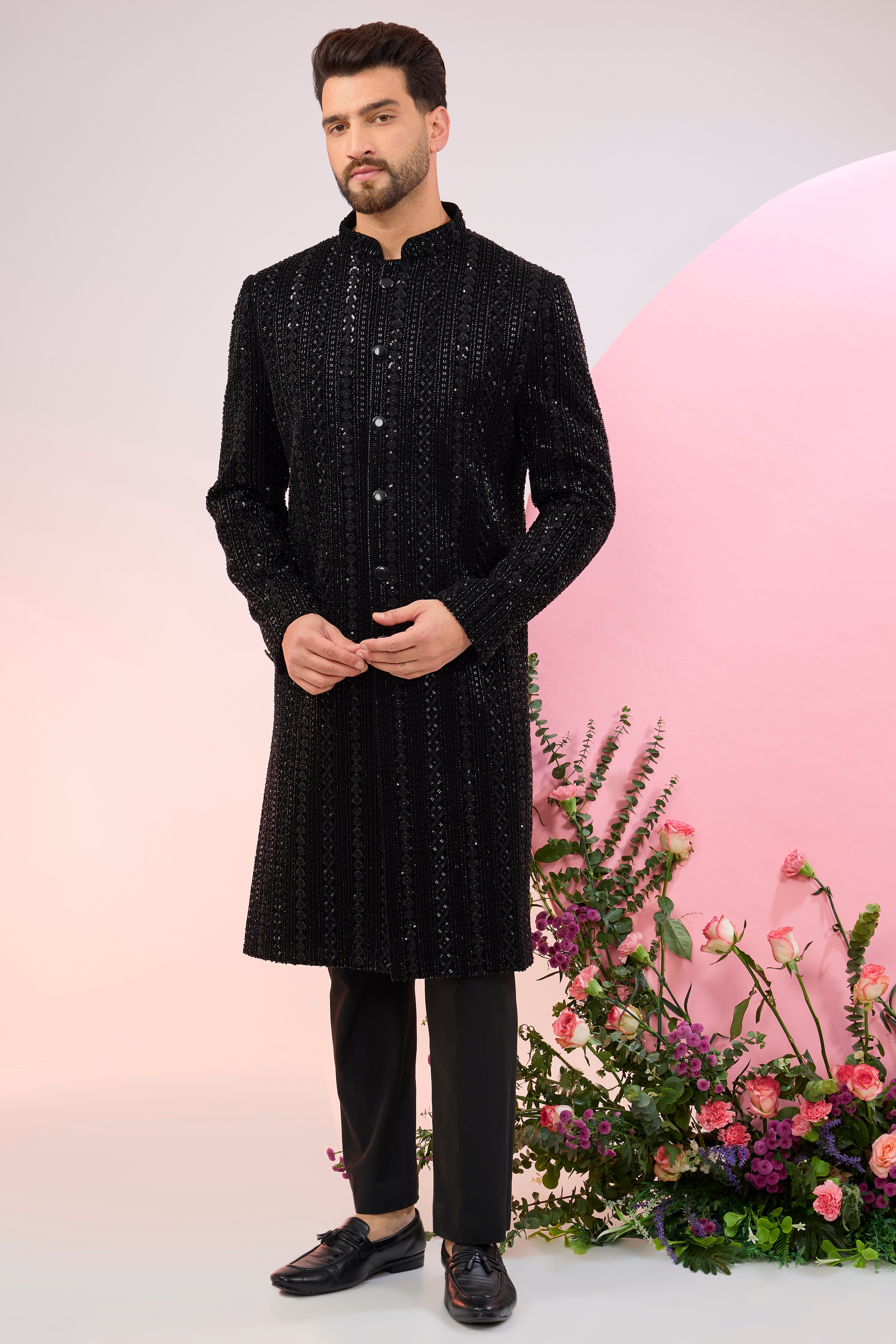 black sherwani with heavy cut dana embroidery
