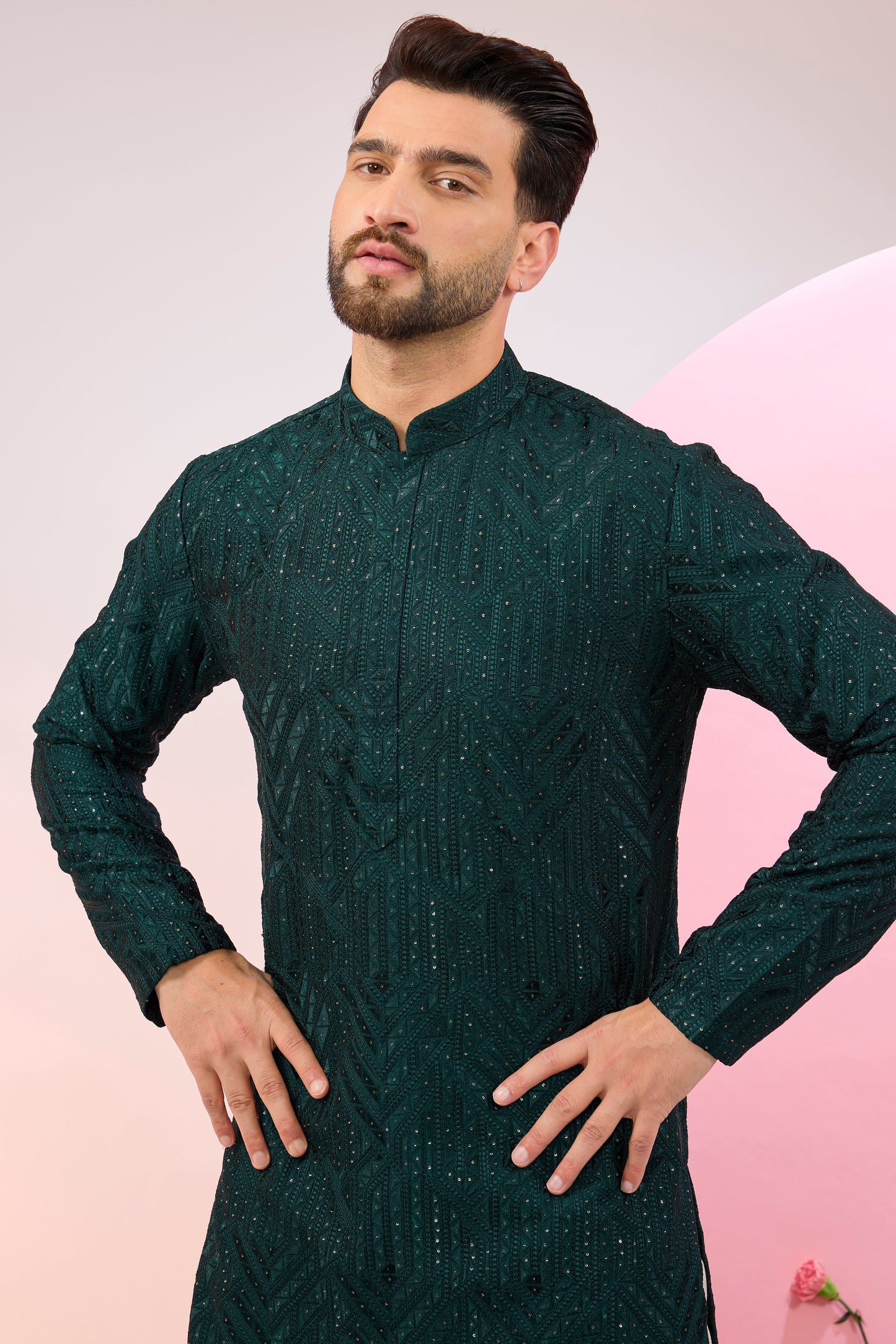 bottle green geometrically embroidried kurta