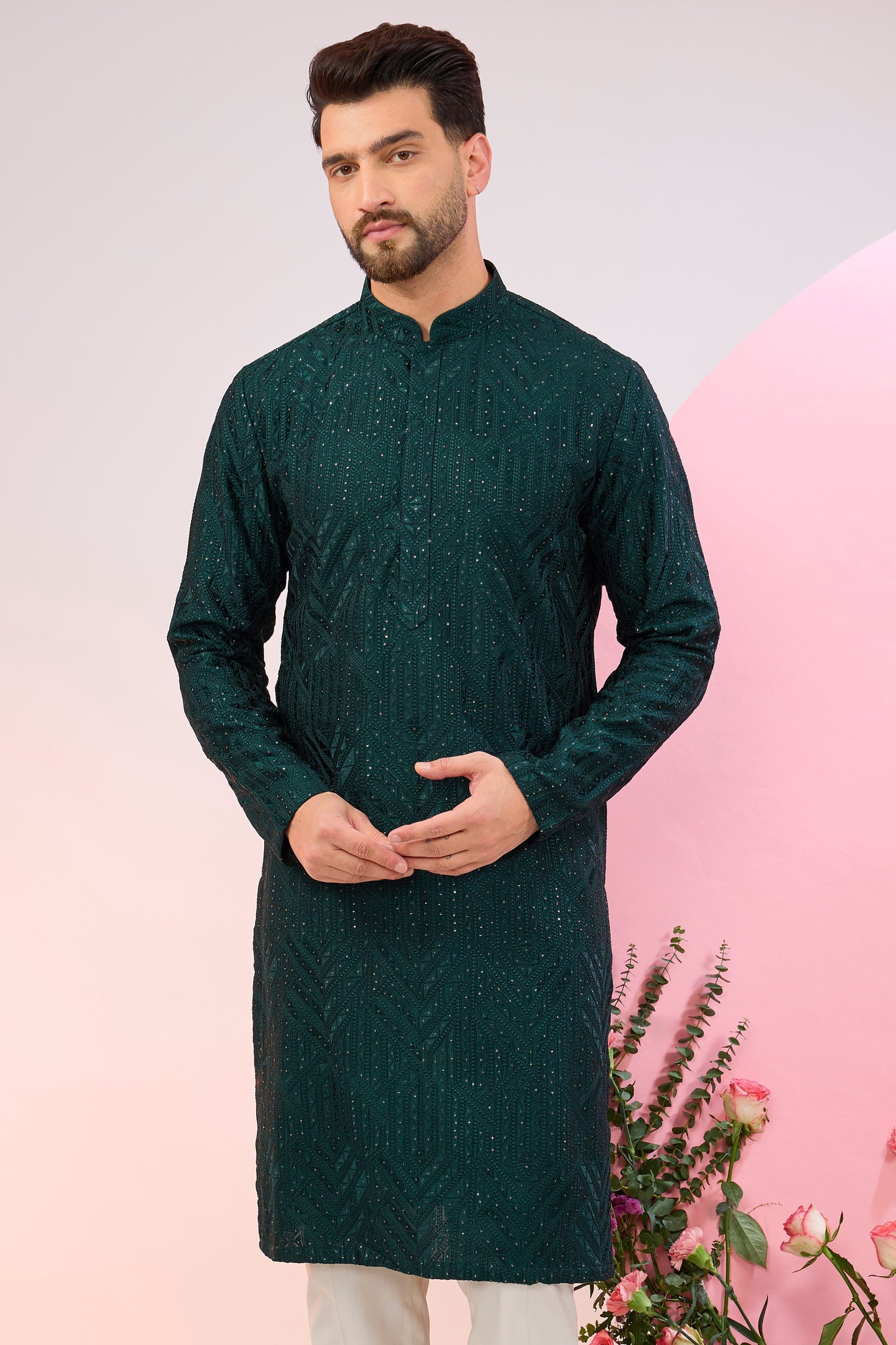 bottle green geometrically embroidried kurta