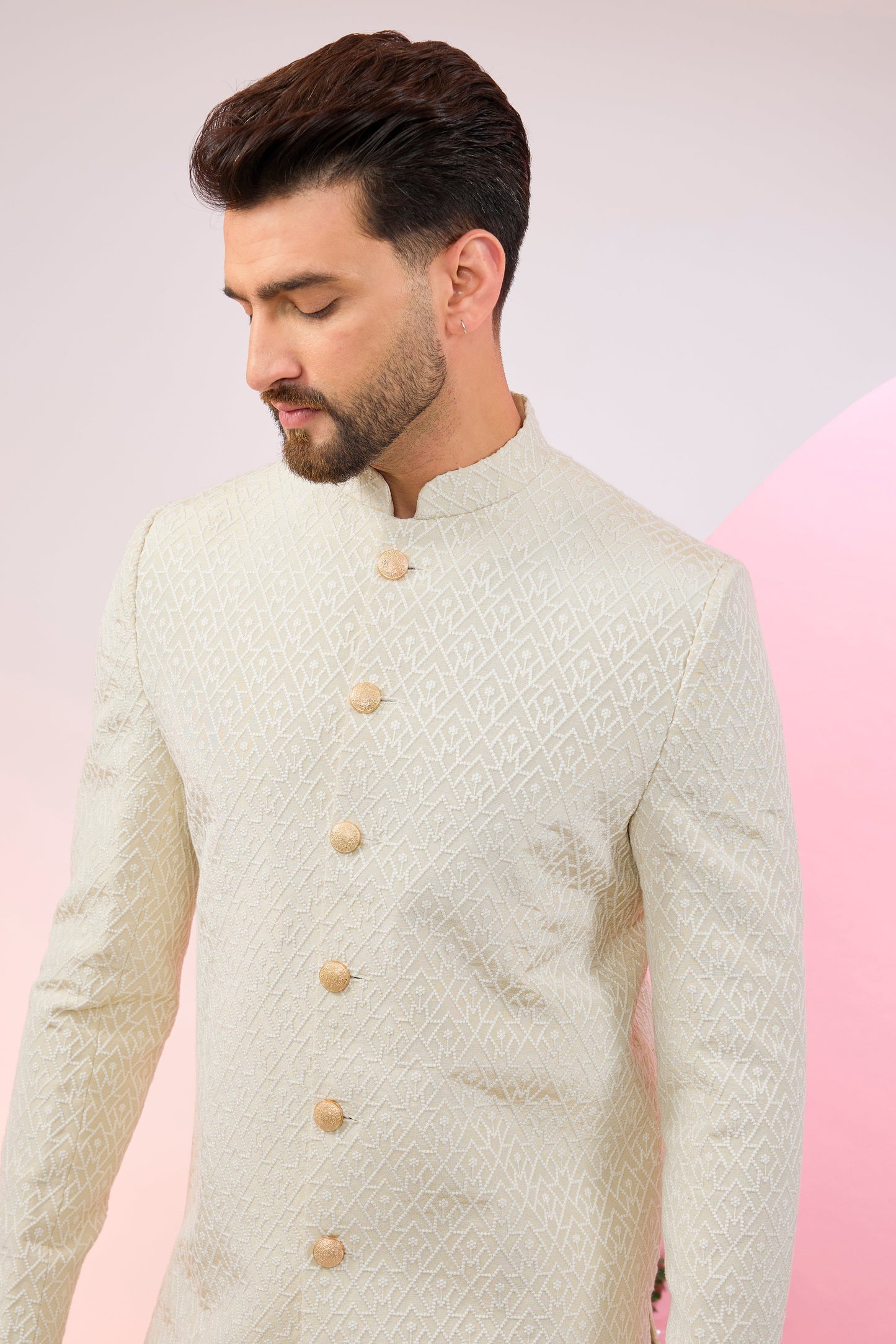 cream geometrically embroidered royal cut indowestern