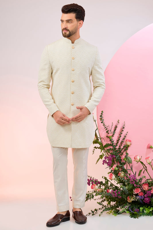 cream geometrically embroidered royal cut indowestern