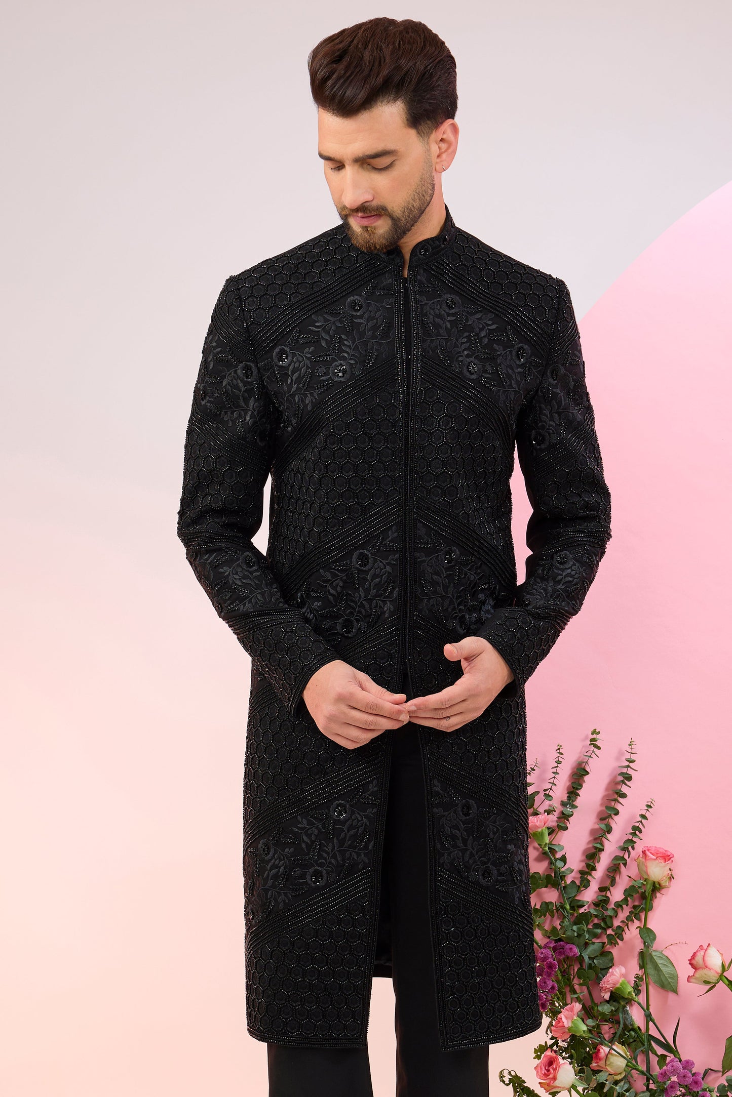 black hand embroidered cut dana sherwani with intricate thread work