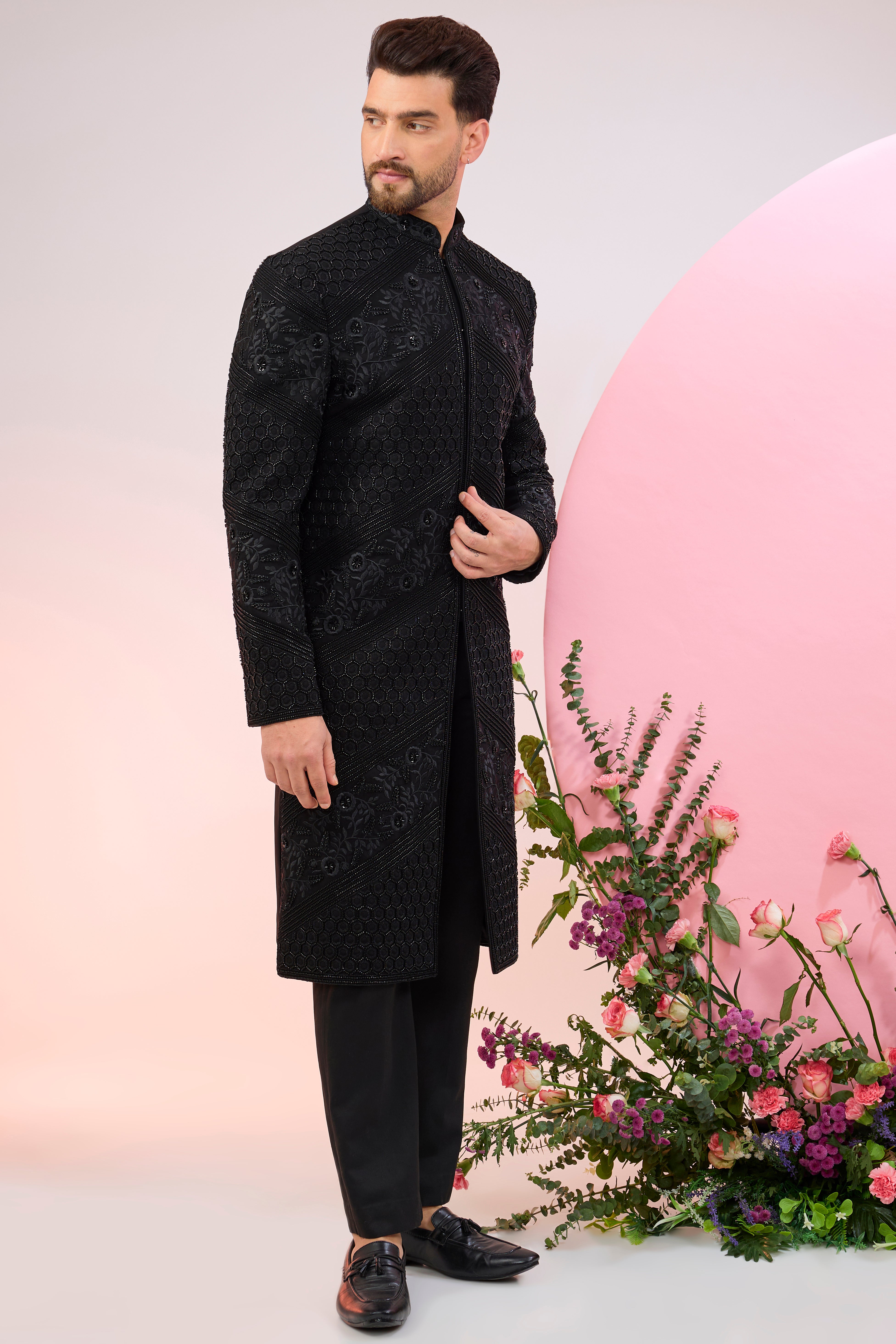black hand embroidered cut dana sherwani with intricate thread work
