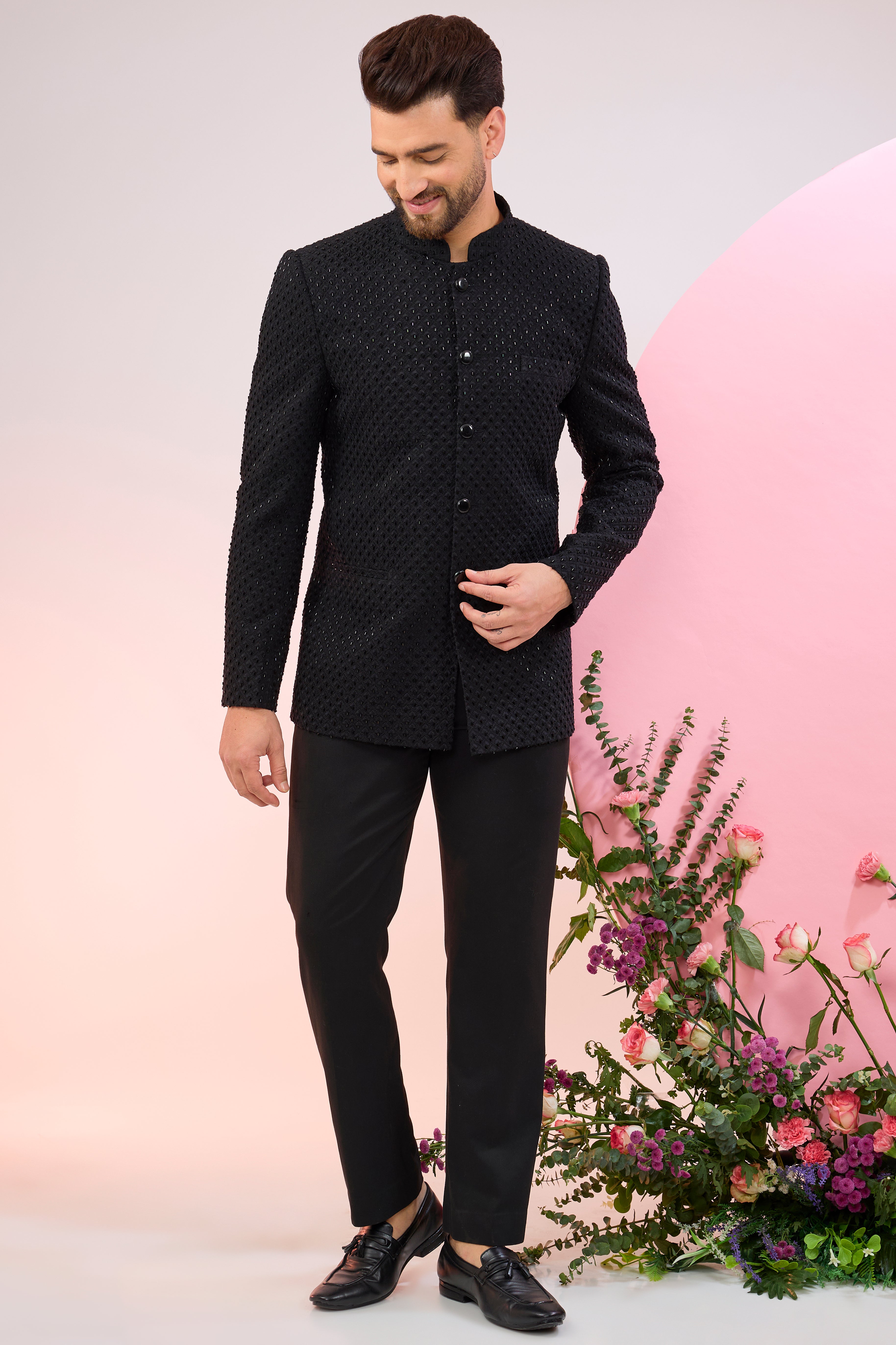 black bandhgala with intricate cut dana embroidery