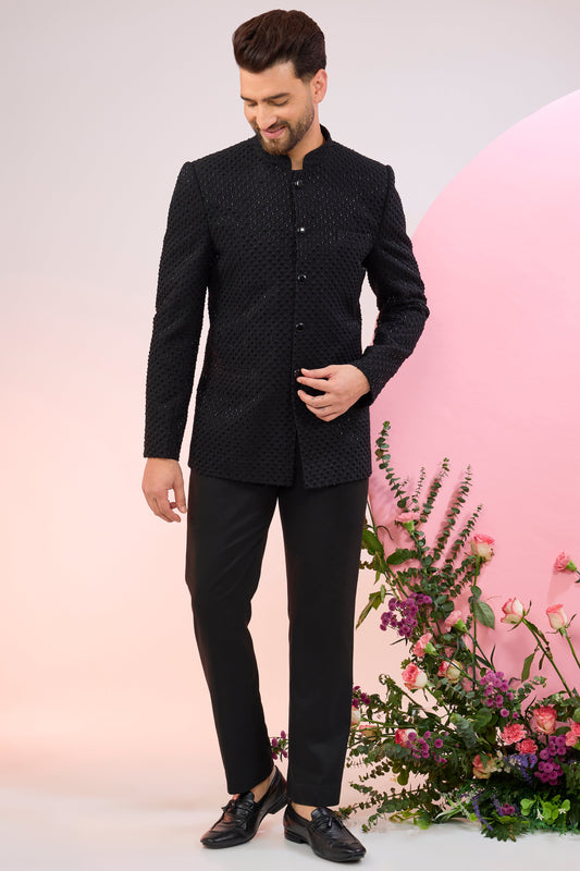 black bandhgala with intricate cut dana embroidery
