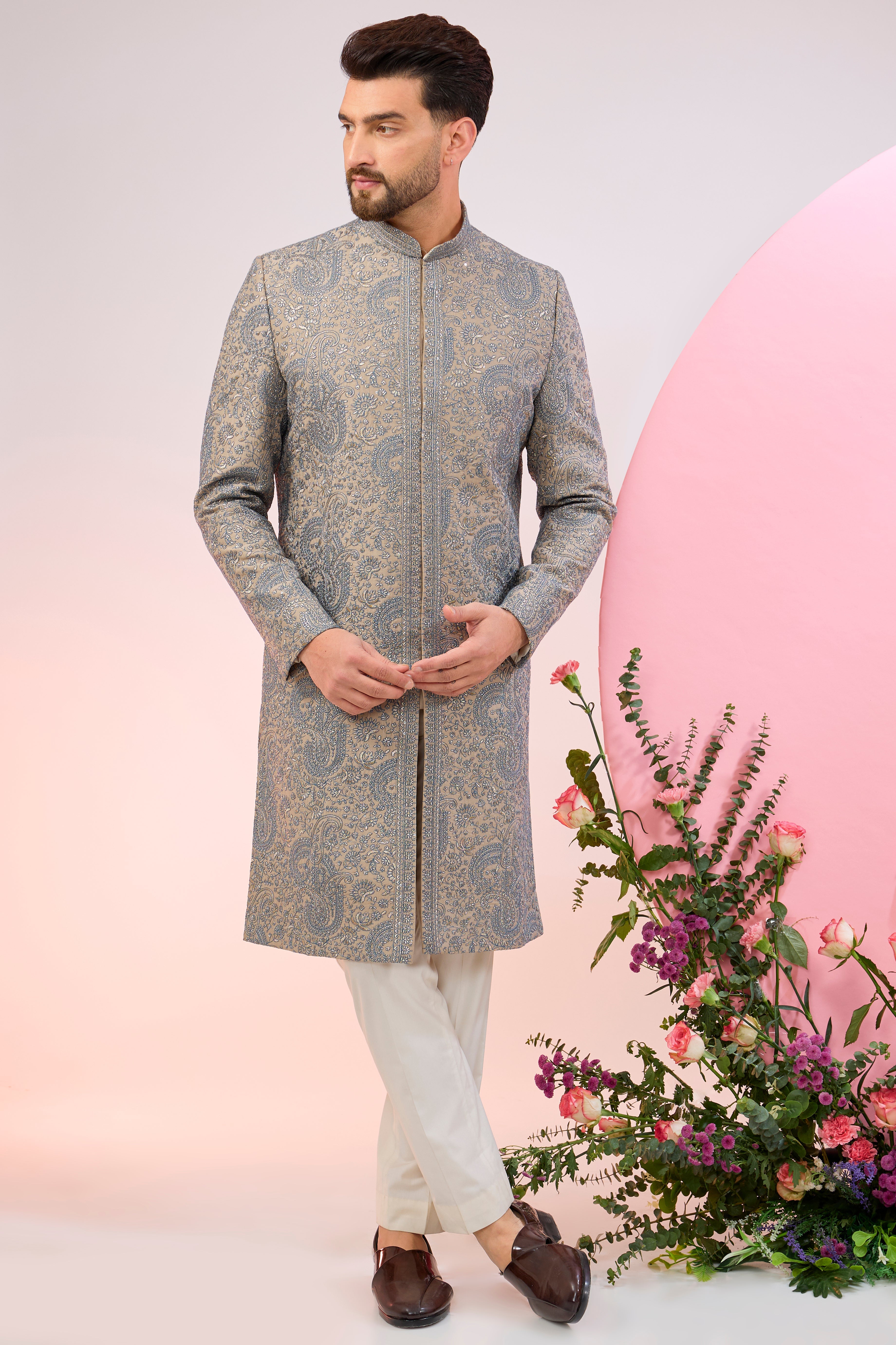 beige nude sherwani with paisley embroidery