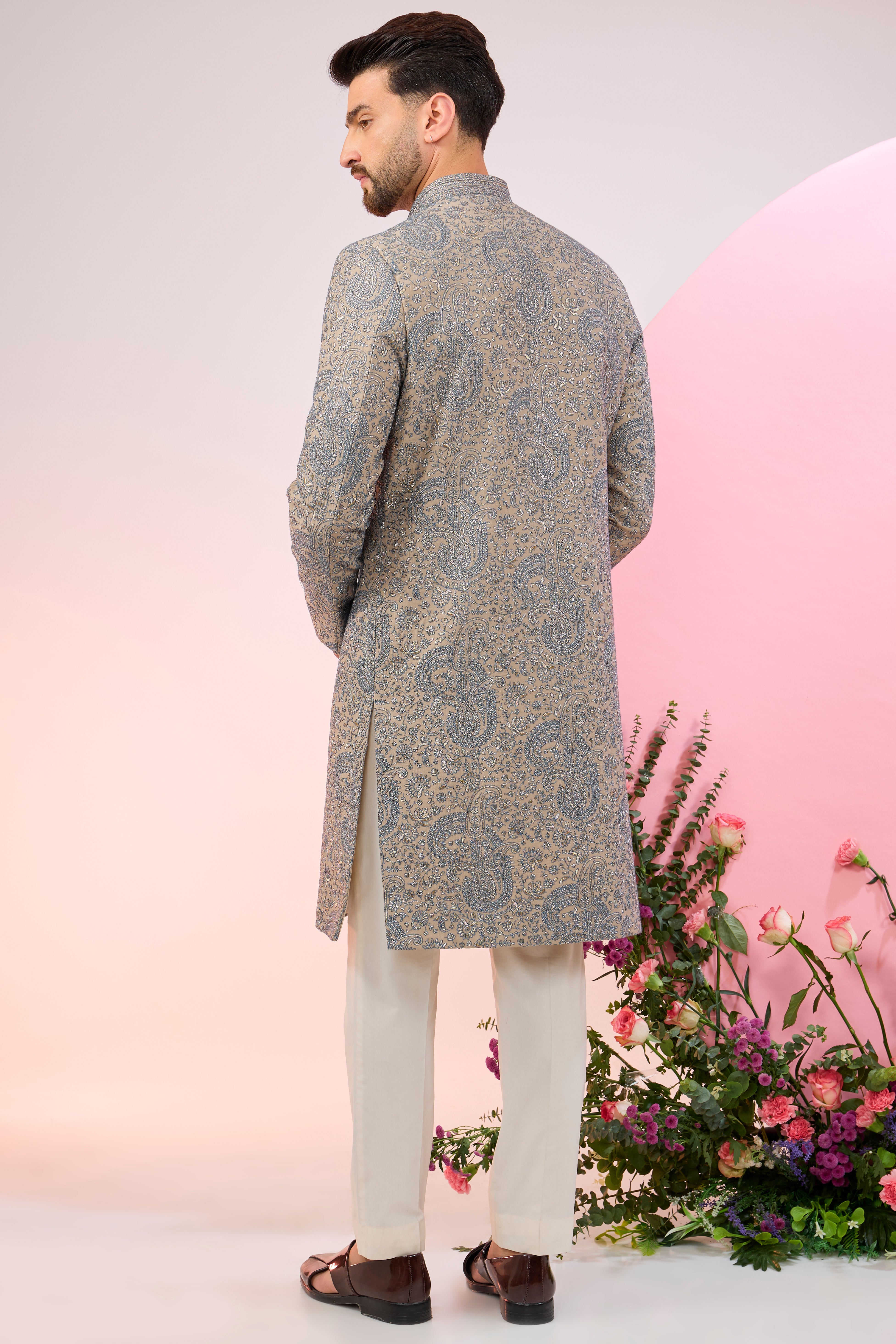 beige nude sherwani with paisley embroidery