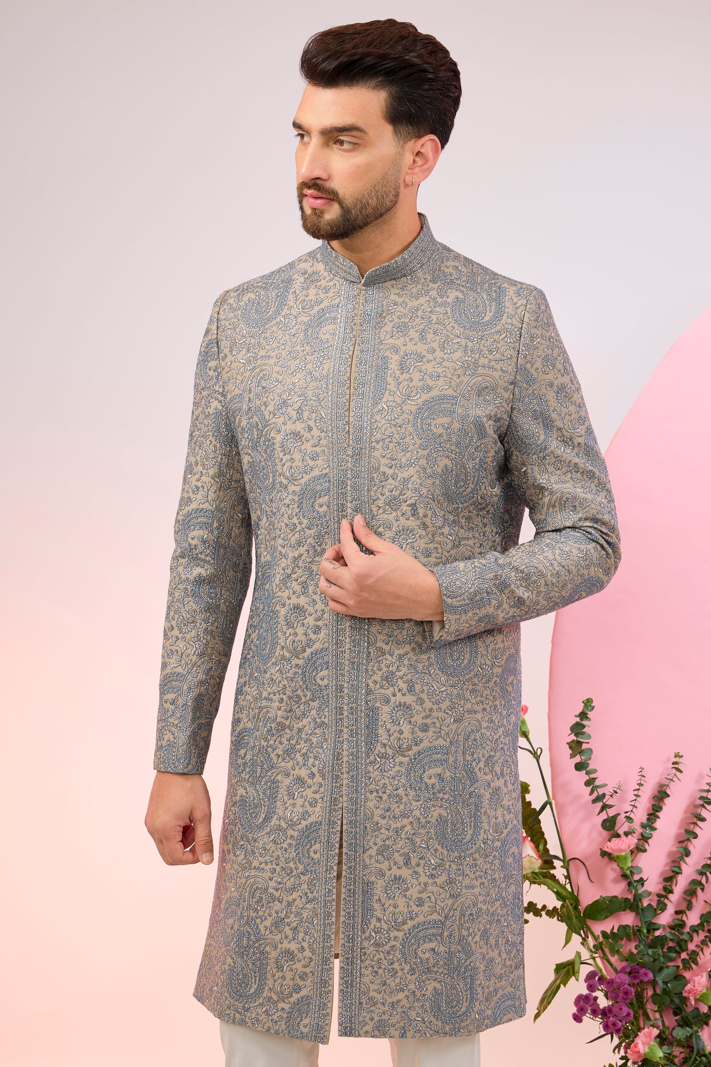 beige nude sherwani with paisley embroidery