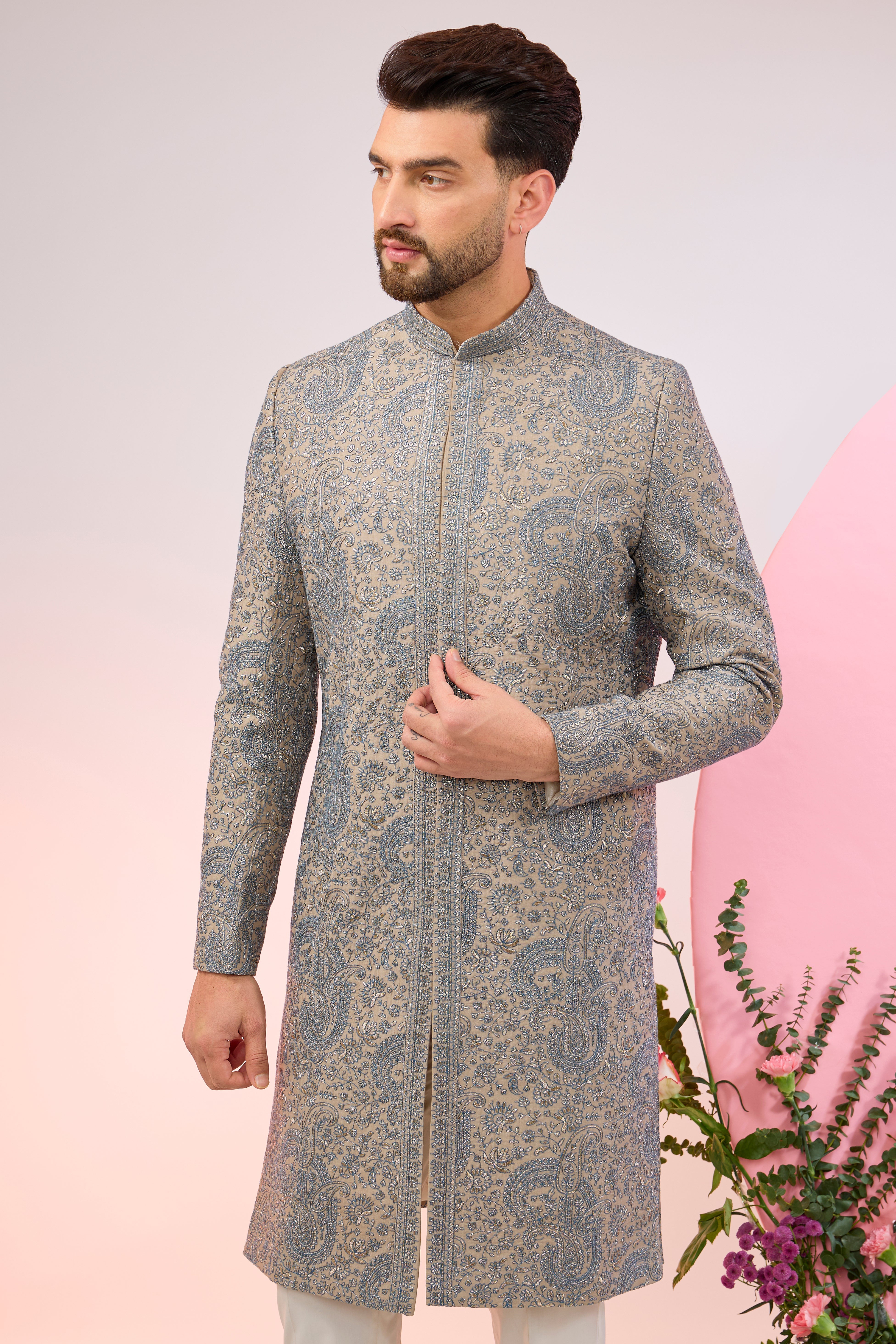 beige nude sherwani with paisley embroidery
