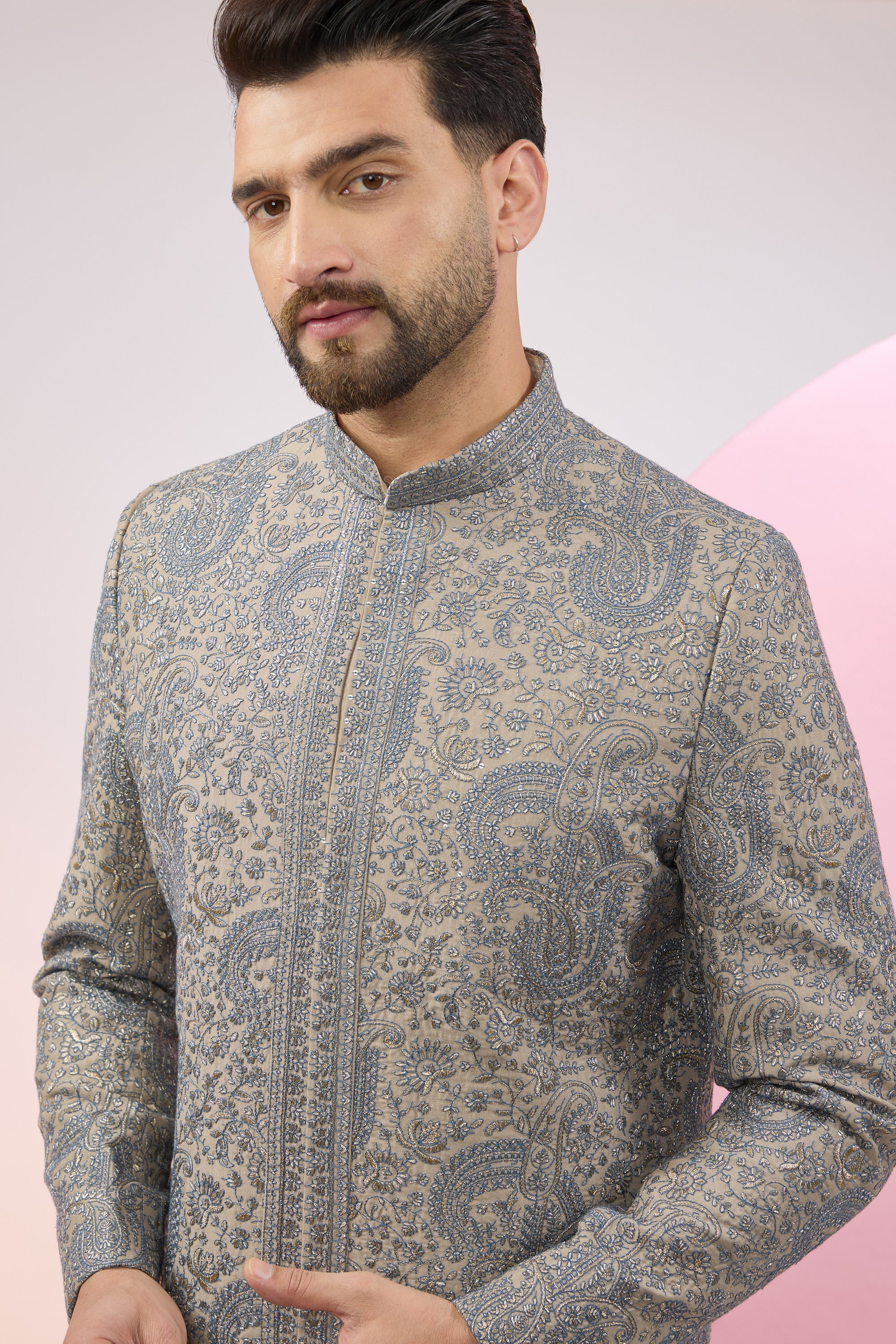 beige nude sherwani with paisley embroidery