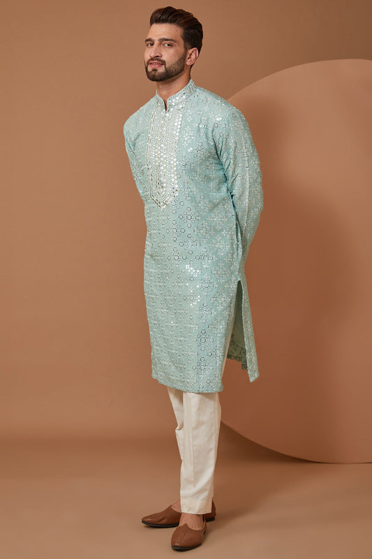 Ice Blue Mirrorwork Kurta - kasbahmen
