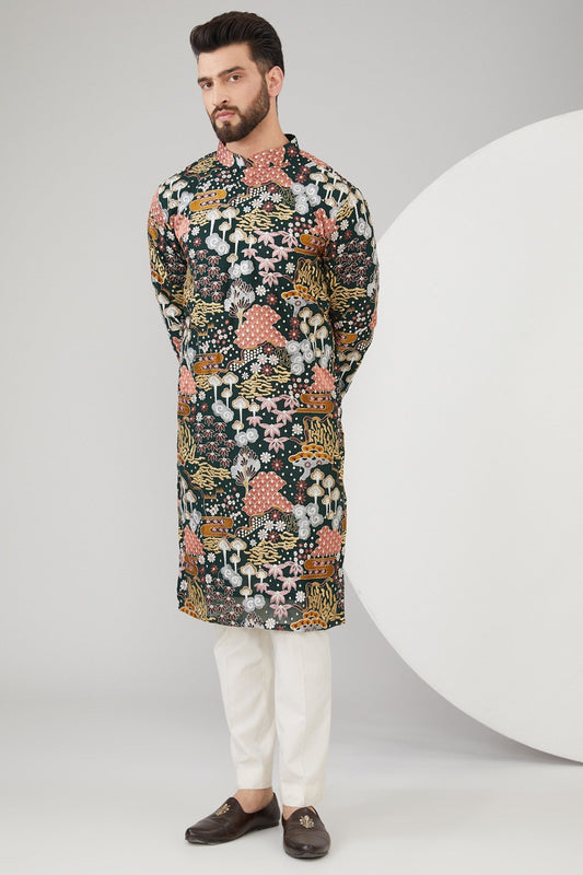Bottle Green Georgette Embroidered Kurta - kasbahmen