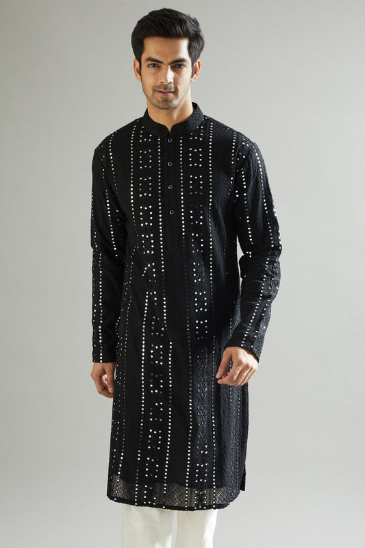 Black Mirror & Thread Embroidered Kurta - kasbahmen