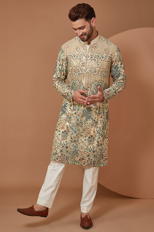 Intricately Crafted Ivory Floral Kurta with Green and Gold Threadwork - kasbahmen