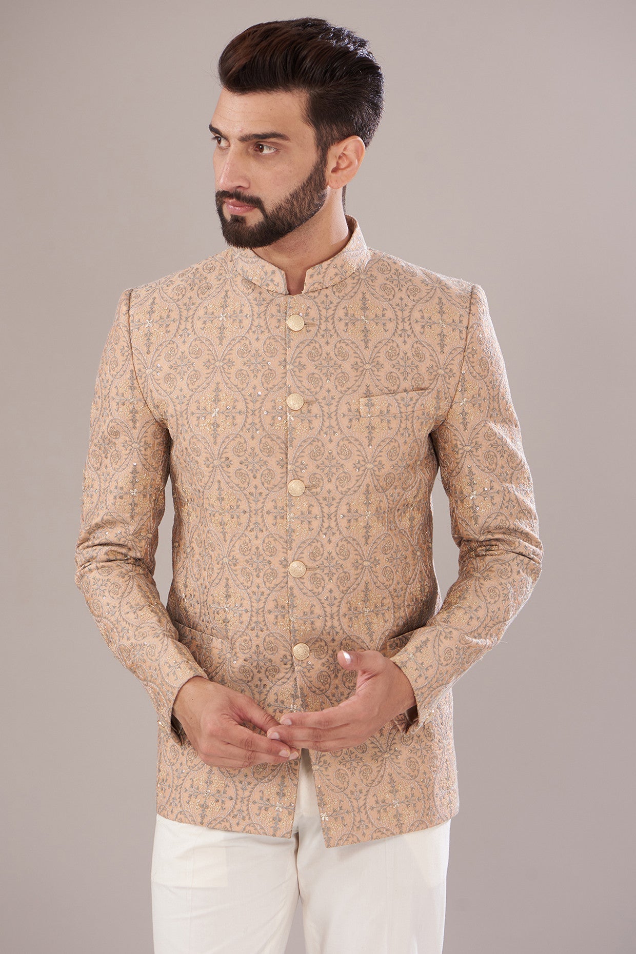 Mud Peach Chanderi Embroidered Bandhgala - kasbahmen