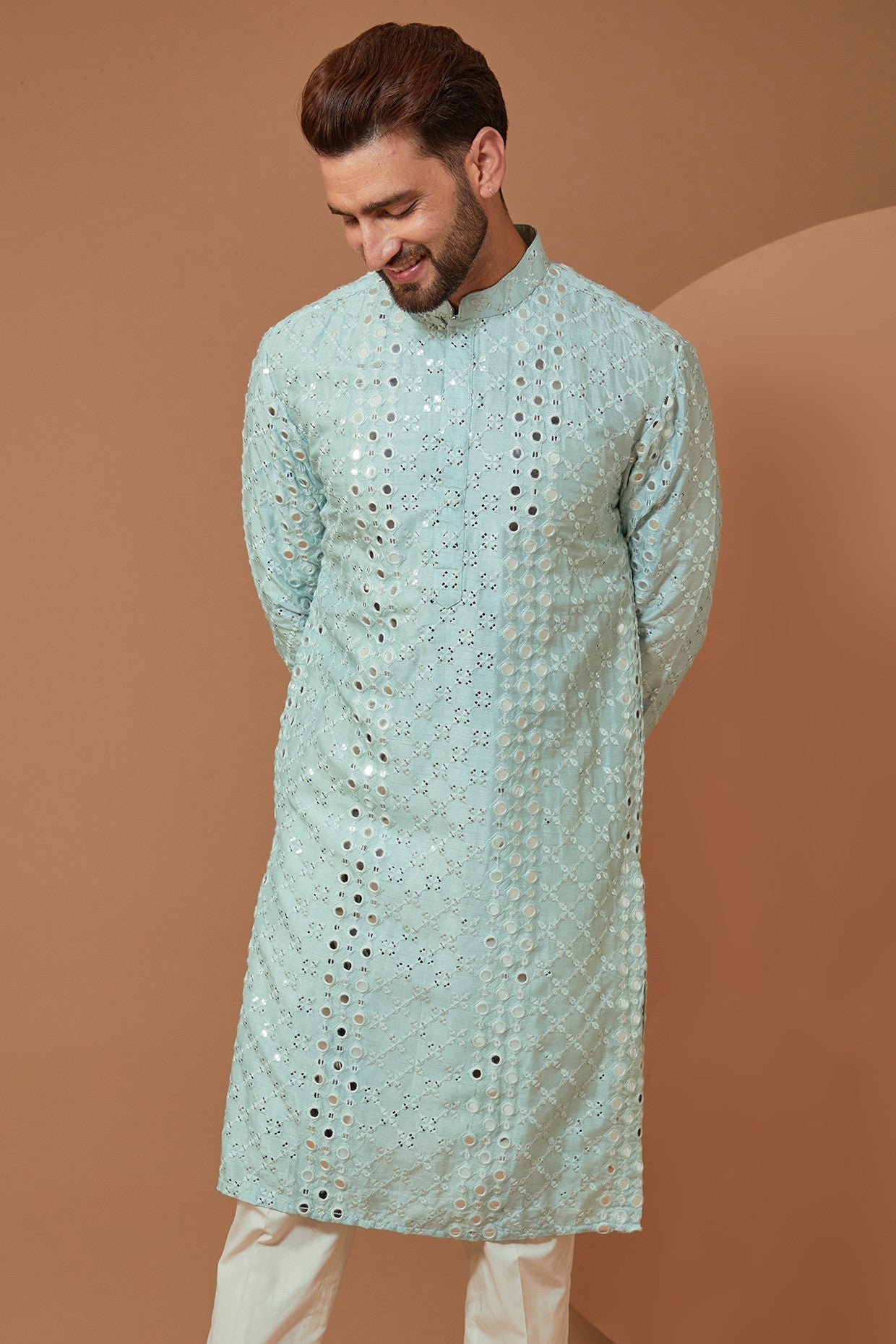 Sky Blue Mirror Work Kurta - kasbahmen