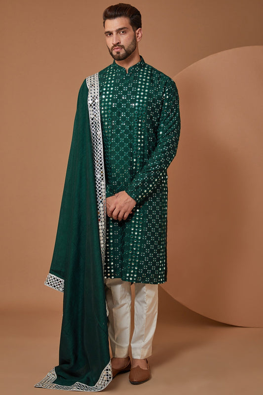 Bottle Green Signature Mirrorwork Kurta with Stole - kasbahmen