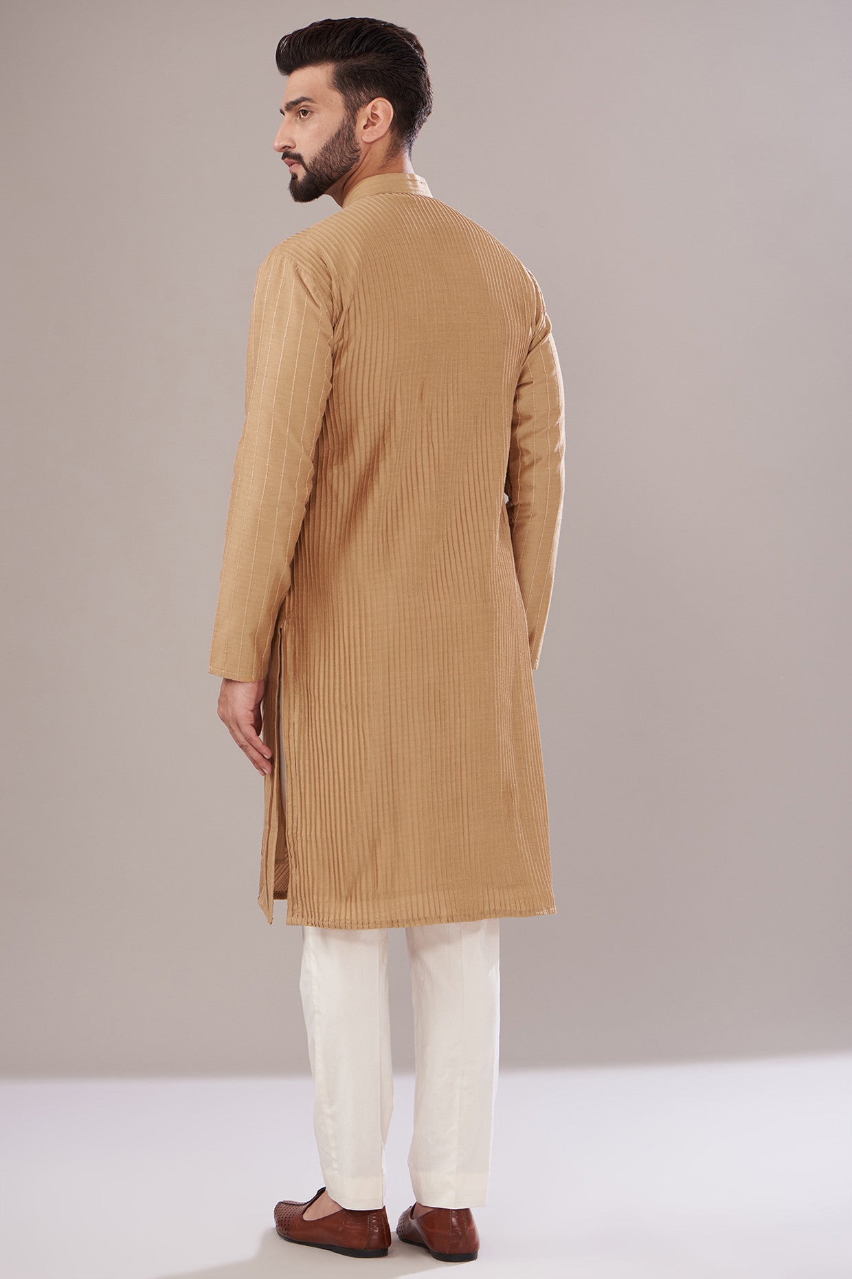 Brown Slub Silk Embroidered Kurta - kasbahmen