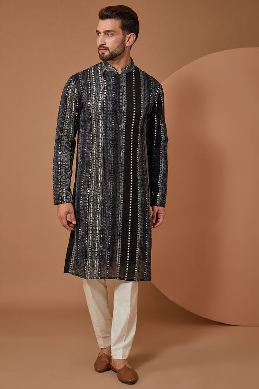 Black and Grey Mirrorwork Kurta - kasbahmen