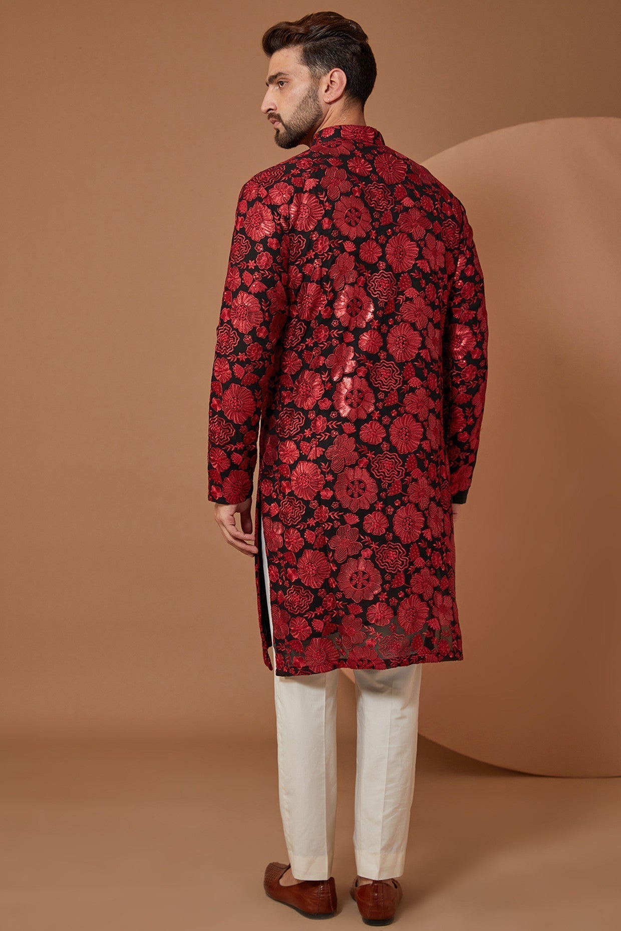 Red and Black Floral Embroidered Kurta - kasbahmen
